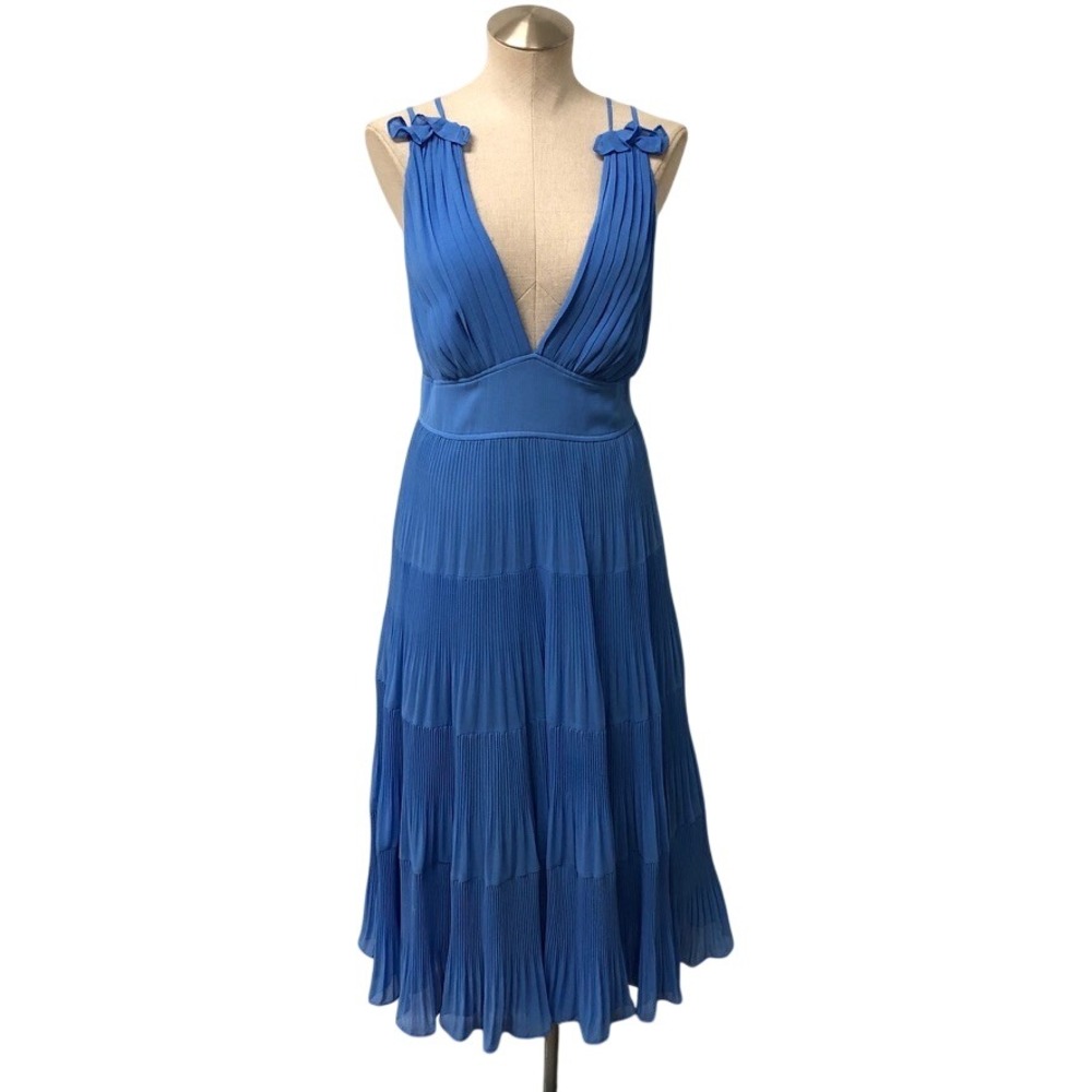 Anthropologie Pleated Midi Dress Womens 12 Blue V-Neck Tiered Bow Sleeveless